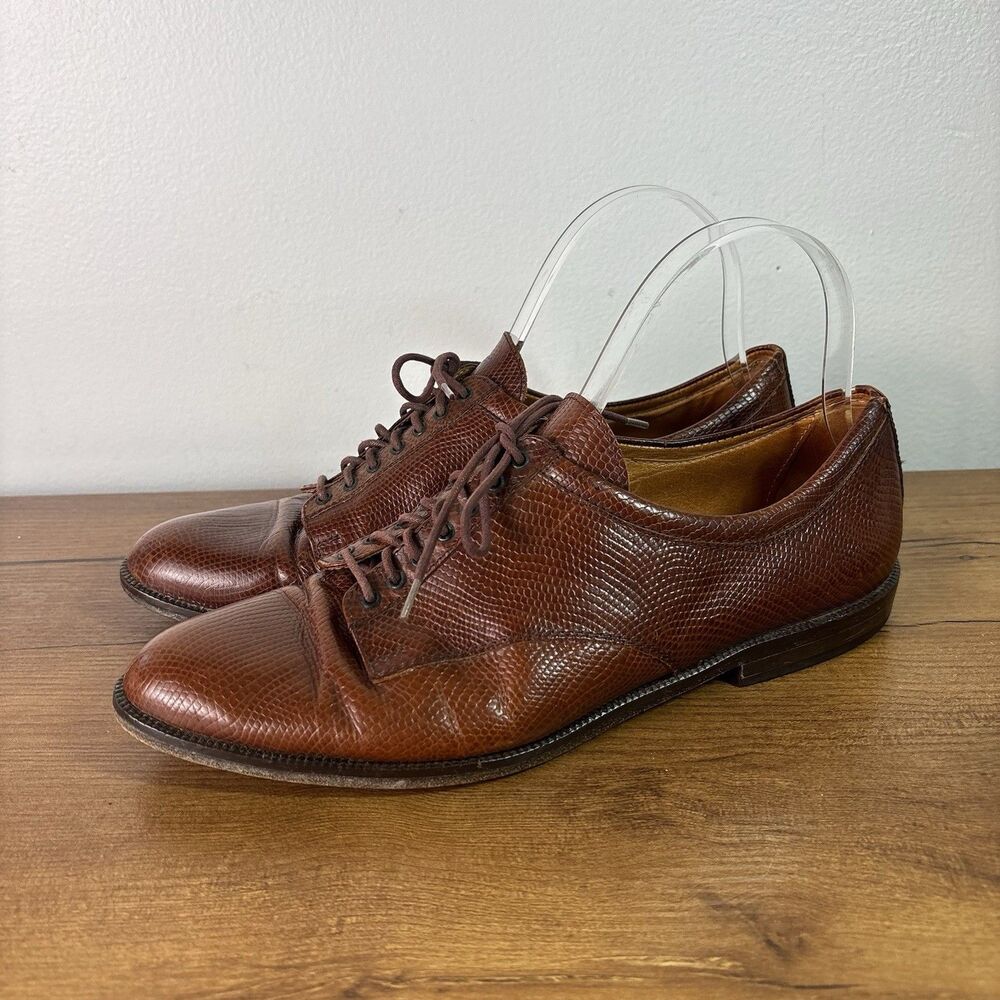 VTG Joan & David Lizard Embossed Brown Leather Oxfords Lace Up Shoes Italy 39.5